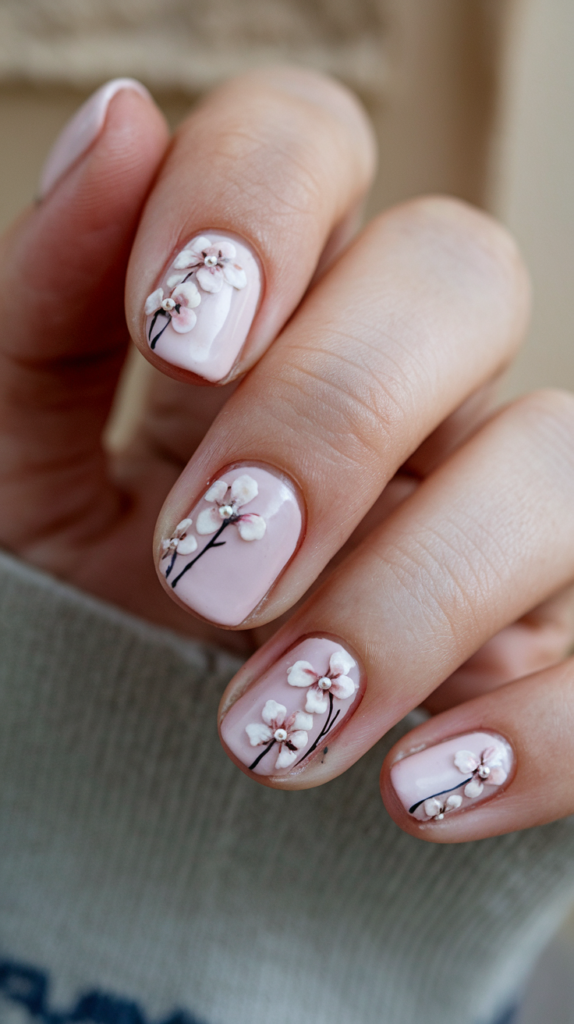 Pink nails featuring sculpted 3D flowers with pearl centers, creating a luxurious, textured look.

