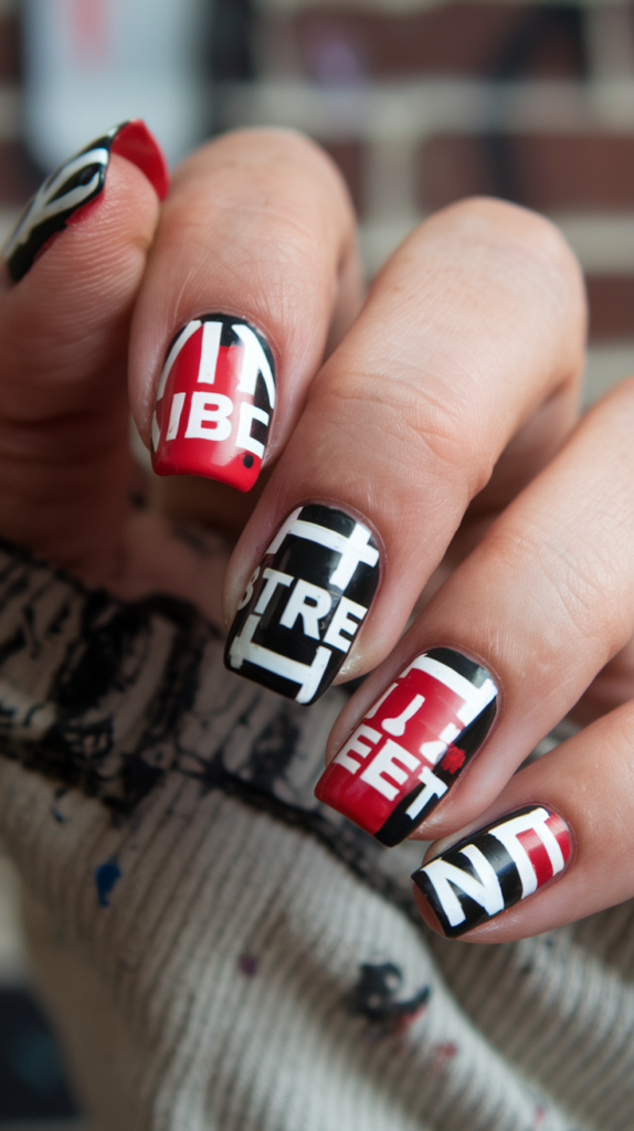 Bold block letters in red, black, and white spread across nails, spelling out words like 'VIBE' and 'STREET