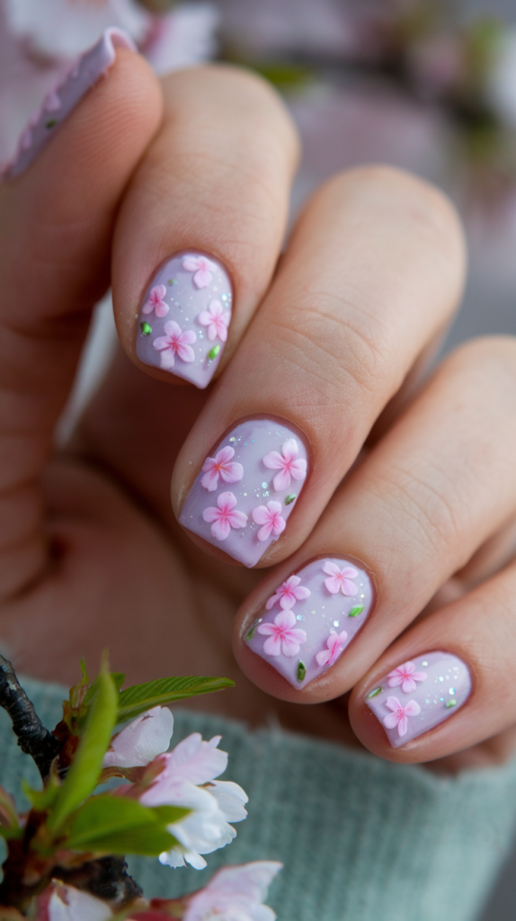 Cherry Blossom Nail Art: Close-up of delicate pink sakura petals on a pastel nail base with soft glitter accents.
