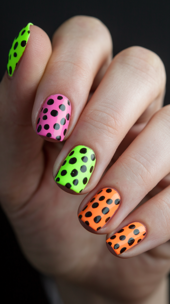 Bold and Neon Polka Dots: Use a neon base with contrasting bright polka dots for a bold, eye-catching design.