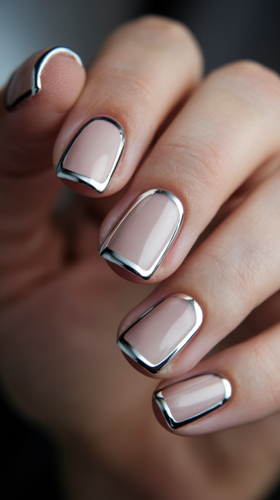 Nails blending marble patterns with silver chrome accents for a chic, sophisticated look.