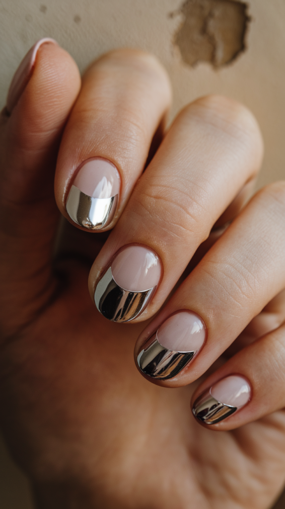 Chrome half-moon manicure with a nude base for an elegant and contemporary look