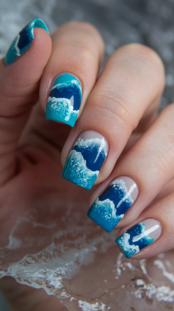 Ocean Wave Bliss – Abstract swirls of blue, aqua, and white to mimic ocean waves.
