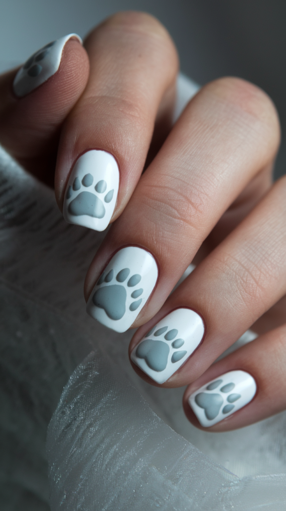 White nails with small, gray polar bear paw prints and snowflake accents for a wintery feel