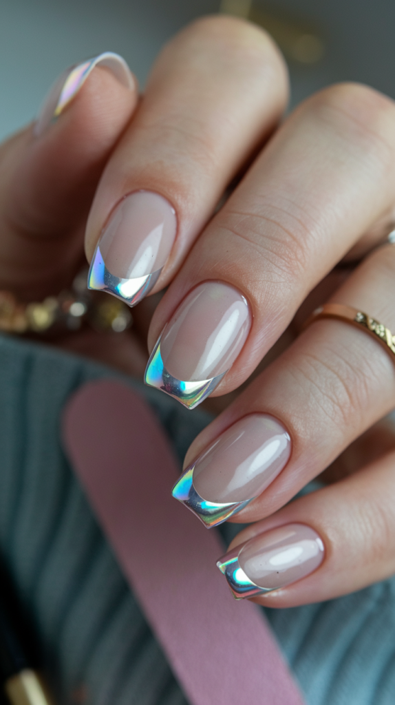 Nude nails with iridescent chrome tips shimmering in soft pastel hues under light.