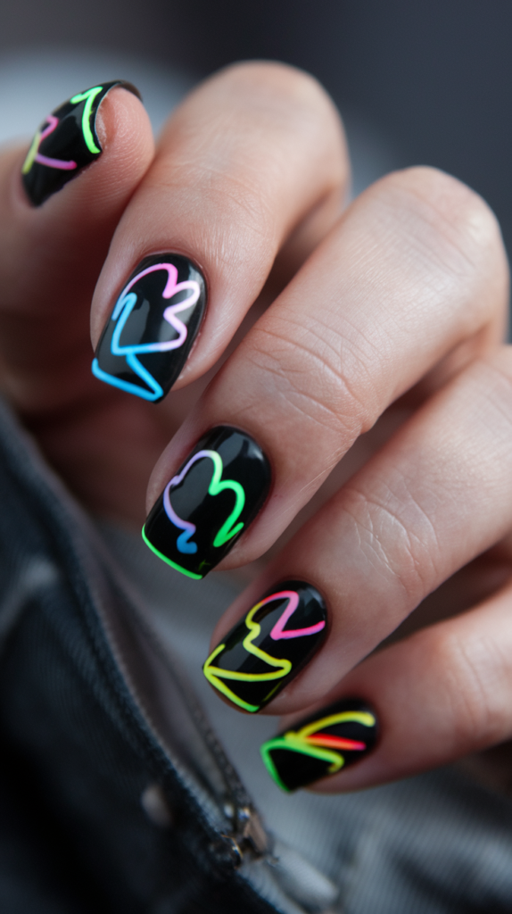 Black nails with neon-colored lines and shapes, resembling bright, glowing lights.
