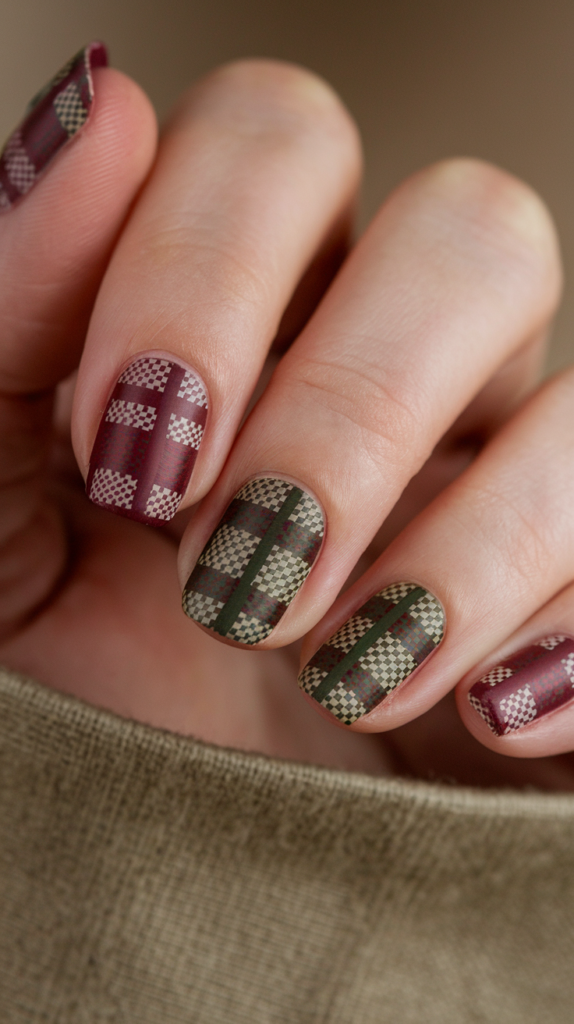 Nails painted with muted red and green plaid patterns, mimicking vintage fabric.

