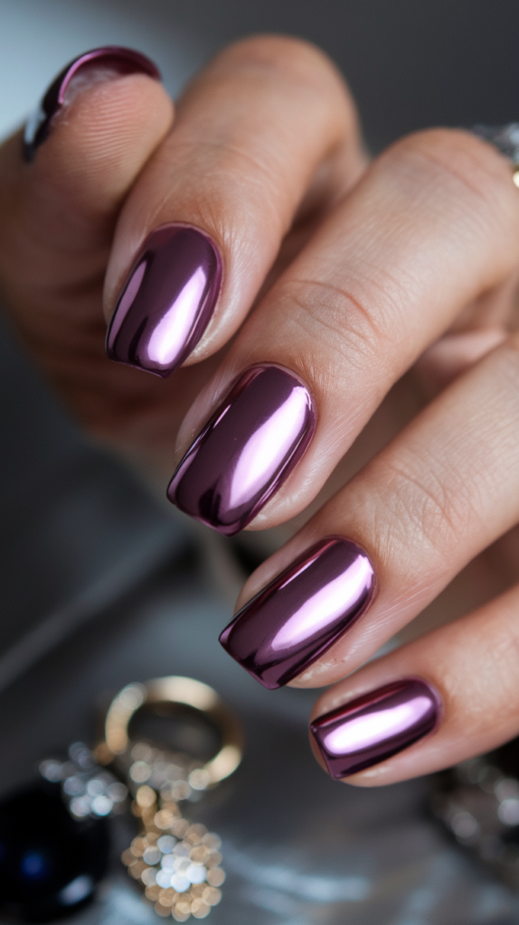 Metallic Plum Nails – Dark plum nails with a metallic, mirror-like finish, reflecting light for a sleek, polished look