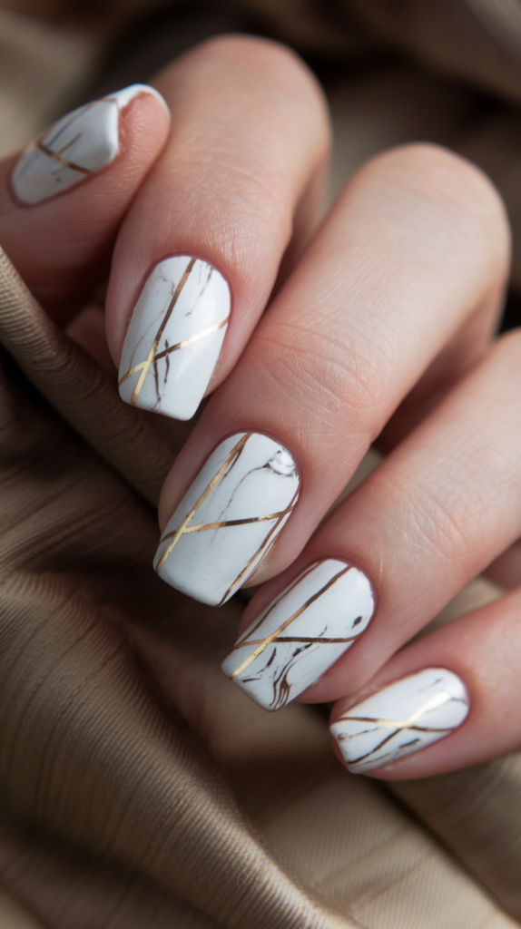 Soft white marble effect nails with gold metallic stripes, blending natural textures with sleek geometric accents.
