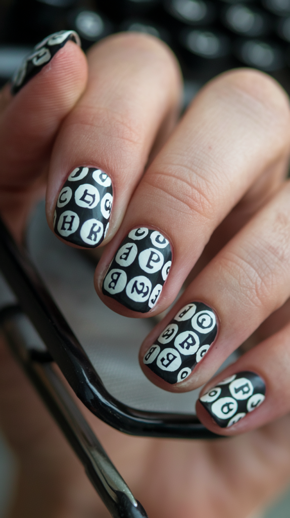 Nails featuring black typewriter key designs with tiny white letters inside circular shapes.

