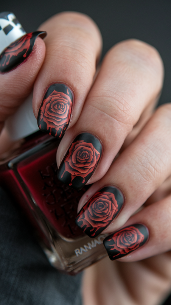 Vibrant red roses with thorns and blood-like drips