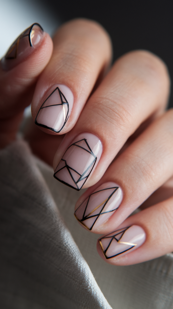 Geometric patterns like triangles and squares outlined in black with visible negative space on a nude nail.