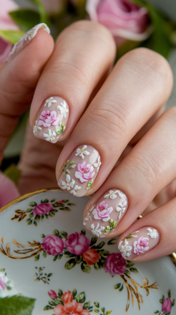 Nails with intricate floral patterns in muted pastel tones, evoking Victorian elegance.

