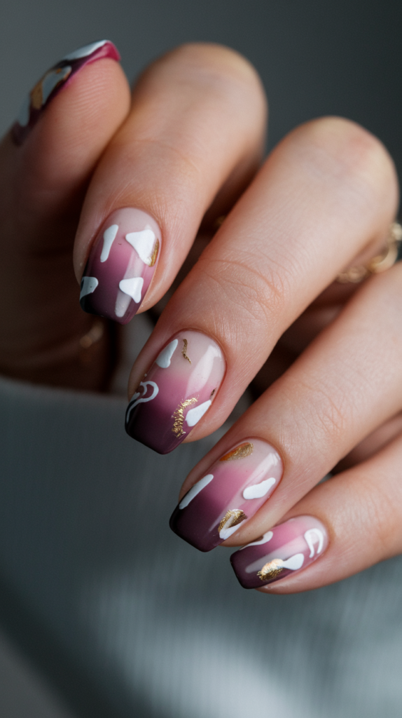 Smooth gradient nails transitioning from pink to plum, with abstract white and gold shapes scattered over.