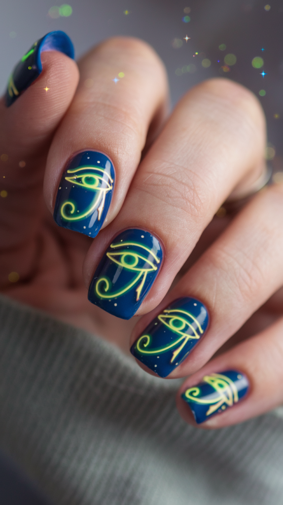 Eye of Horus (Neon) – Navy blue nails with a glowing neon green Eye of Horus symbol.
