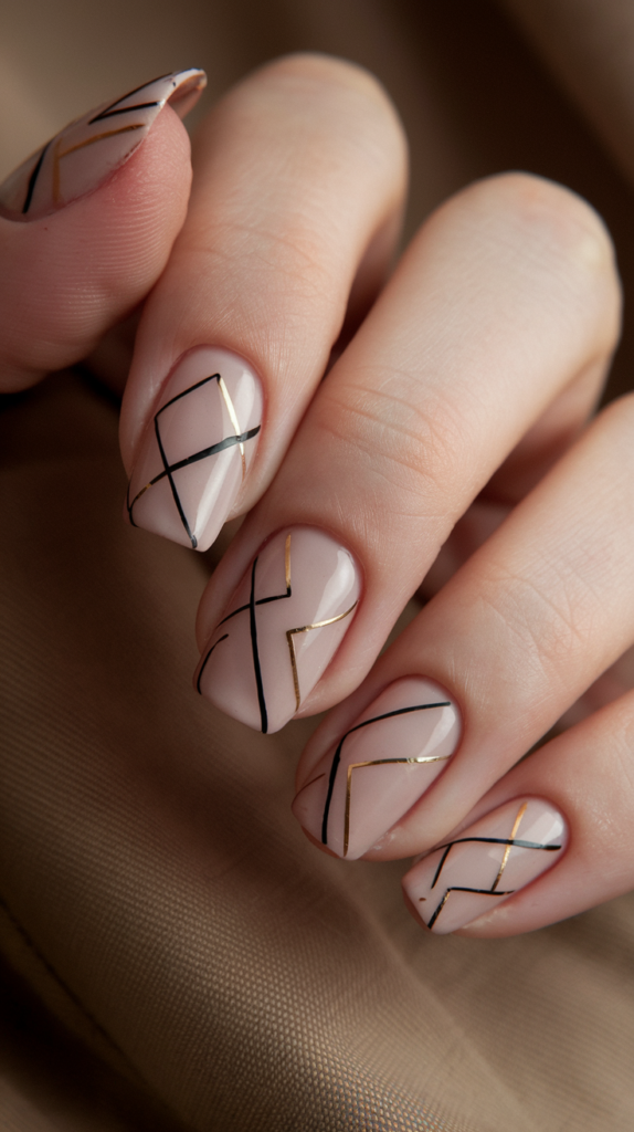 Nude nails with thin black and gold diagonal lines, offering a subtle yet striking minimalist Art Deco design.
