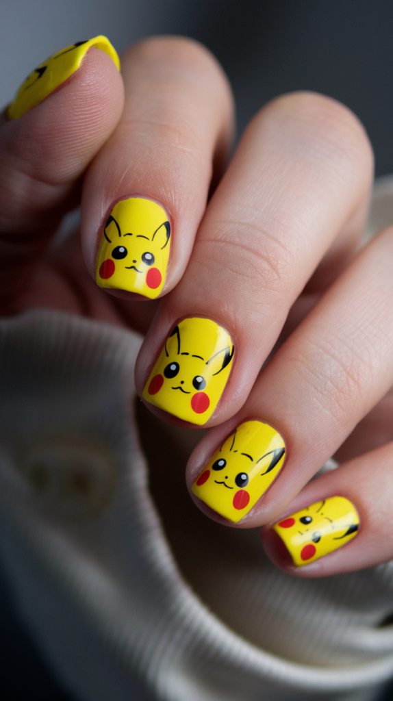 Pikachu & Pokémon Nails: Bright yellow nails featuring Pikachu's face, Pokéballs, and lightning bolt elements.
