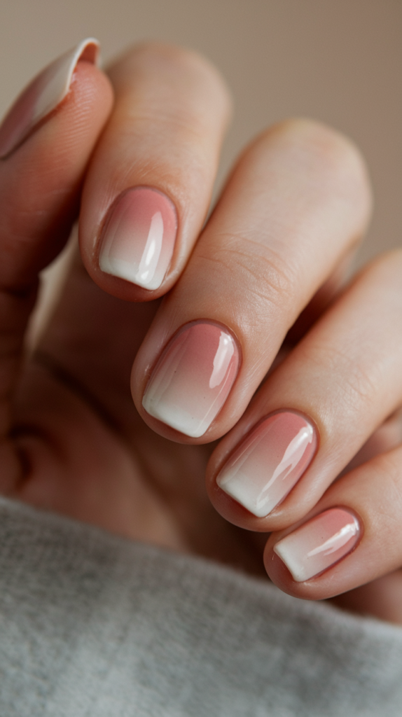 Blush Ombre Nails: Gradient nails transitioning from nude to soft pink with a glossy topcoat for a seamless effect.
