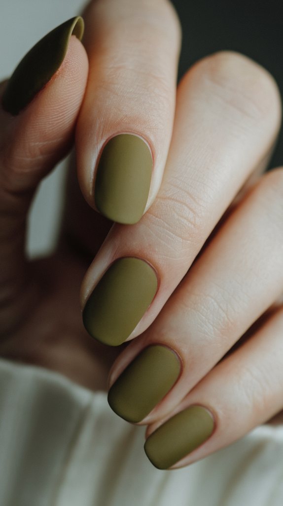 Almond-shaped nails painted in olive green with a soft matte finish