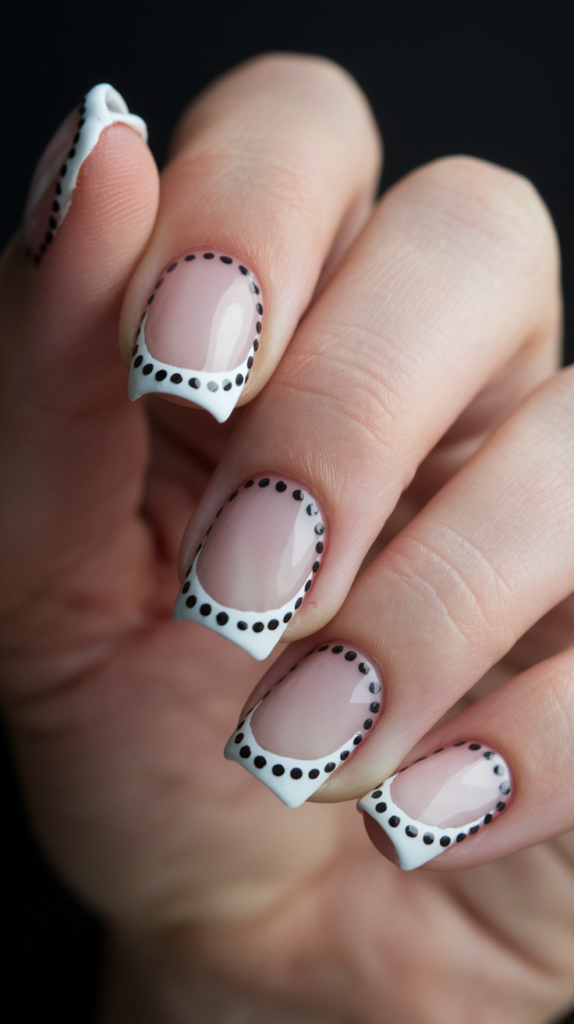 French Tip with Dots: Classic French manicure but with tiny polka dots lining the tip.