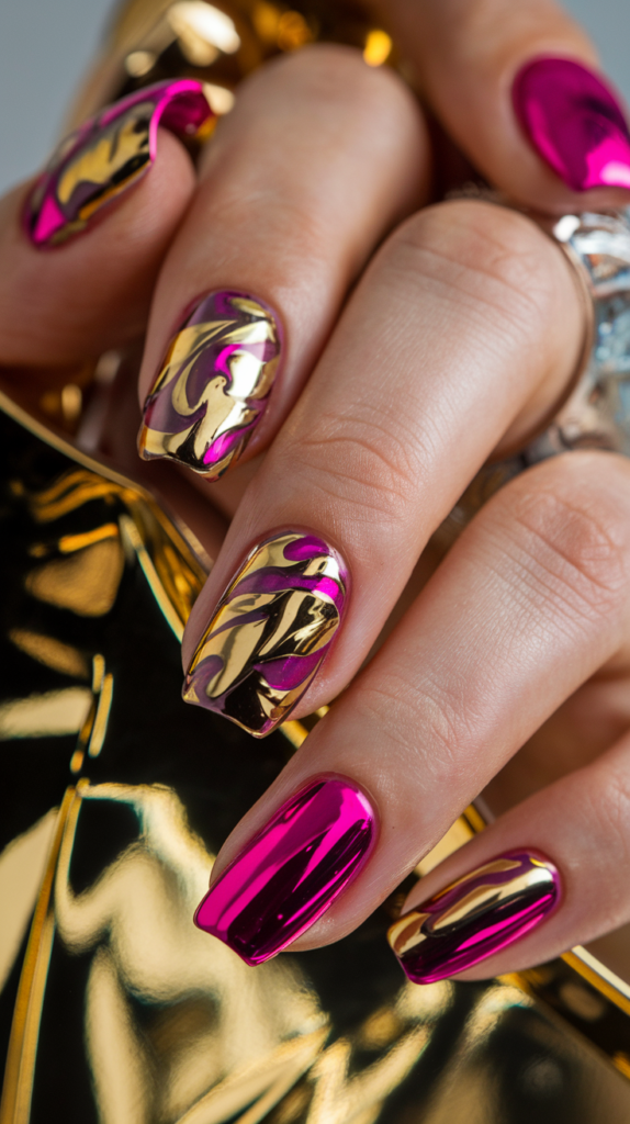 High-shine chrome nails in vibrant pink, adorned with intricate gold detailing for a luxurious finish.