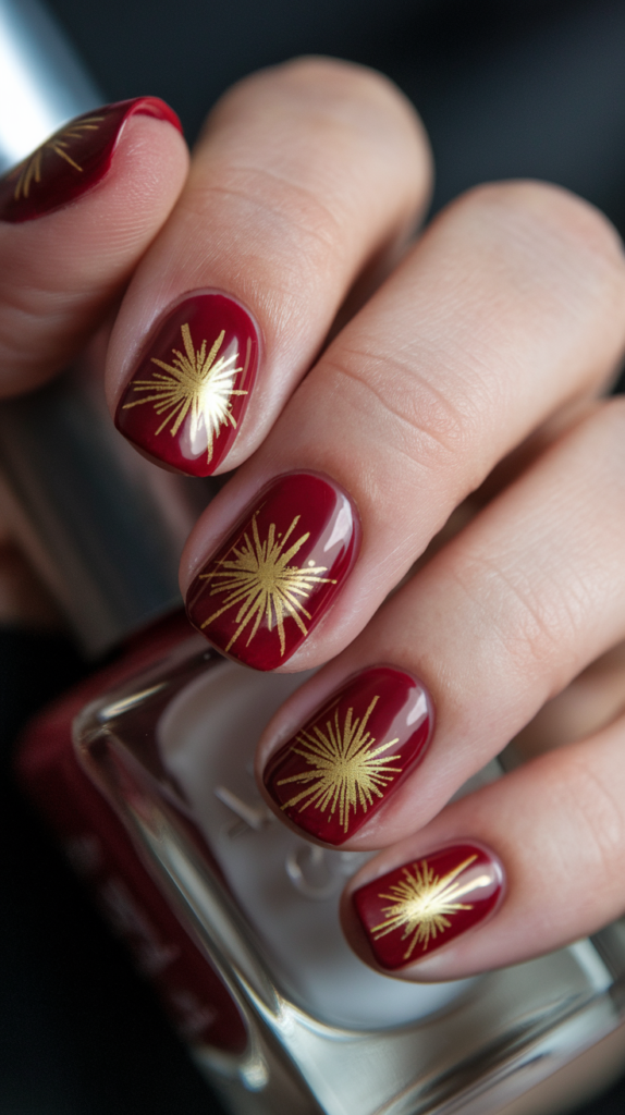 Deep red nails with bursts of glittering golden firecracker designs.