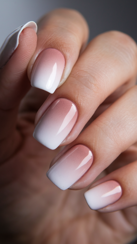 Nails showcasing a seamless gradient from nude to soft pink, creating a polished, professional look with a glossy finish.

