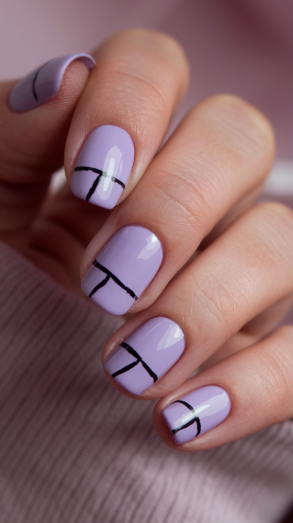 Single Line Art Nails – Lavender nails with thin, horizontal black lines across each nail for a minimalist, sleek design