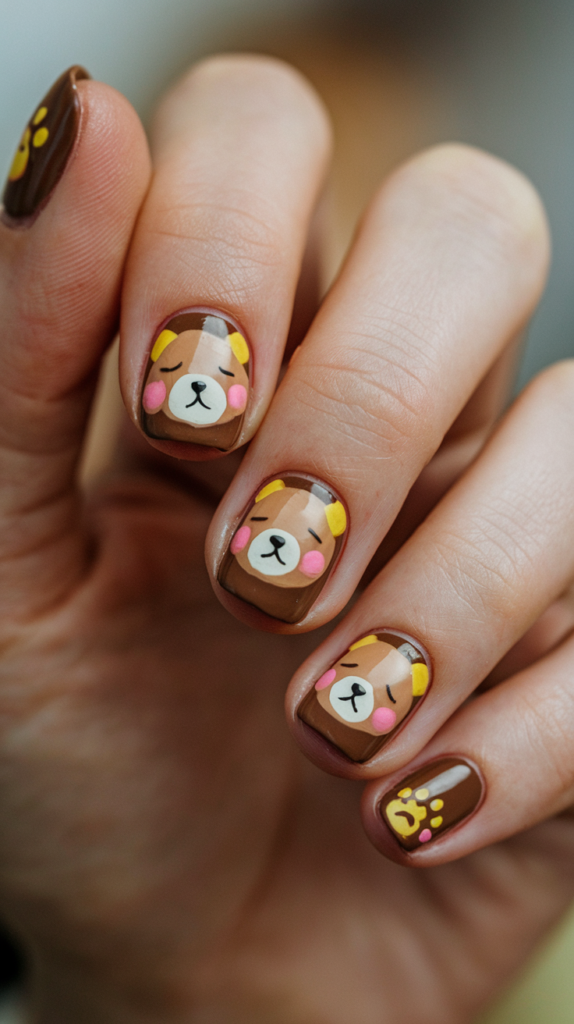 Rilakkuma Nails: Warm-toned nails featuring Rilakkuma bear faces with tiny paw prints and cozy accents.
