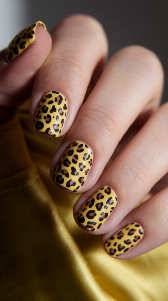 Gold and black cheetah print nail art featuring small, intricate spots on a shiny base