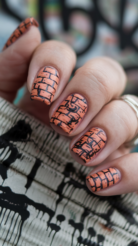 Nails with subtle brick wall textures, enhanced with small graffiti tags in neon colors