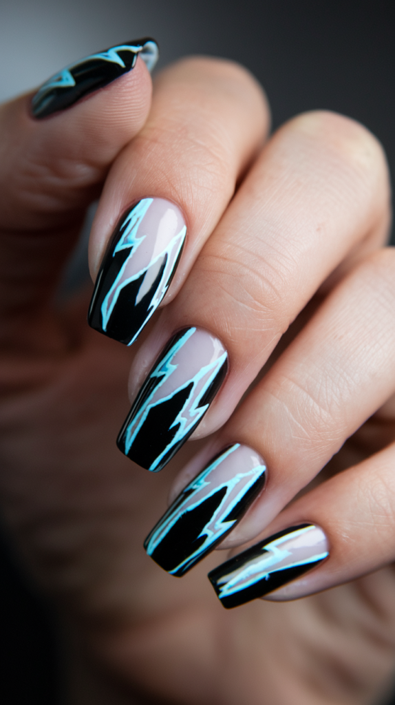 Neon lightning bolt nail design in glowing blue and white on a black background