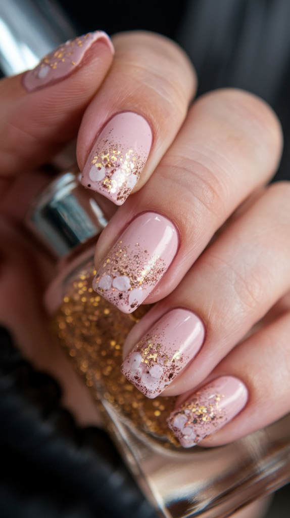 Nude nails with golden glitter accents resembling champagne bubbles, concentrated near the cuticle.
