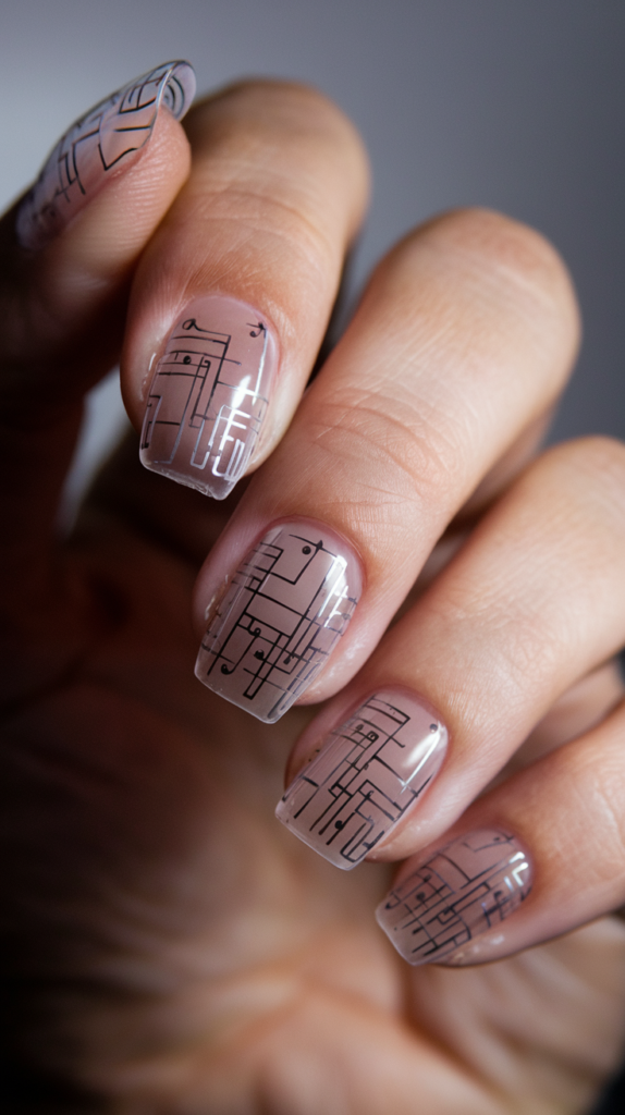 Transparent Tech Nails – Clear nails with subtle linework and cyber symbols, giving a sleek, futuristic look.

