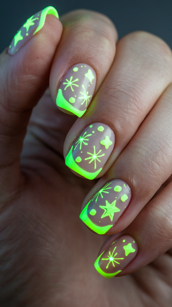 Neon green nails that glow under low light