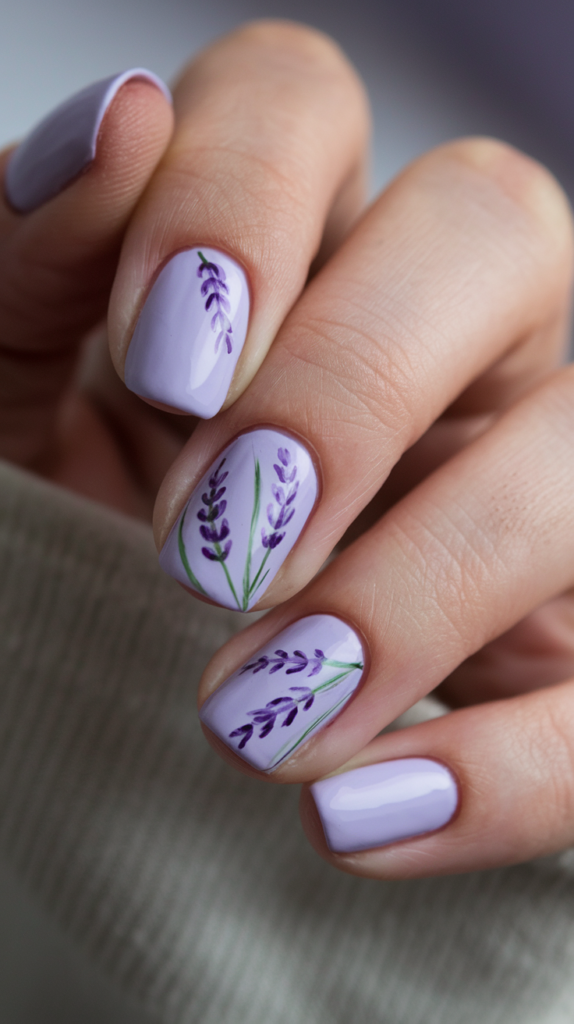 Lavender Field Nails – Nails with a light lilac base, featuring delicate, hand-painted lavender sprigs with green stems and purple flowers