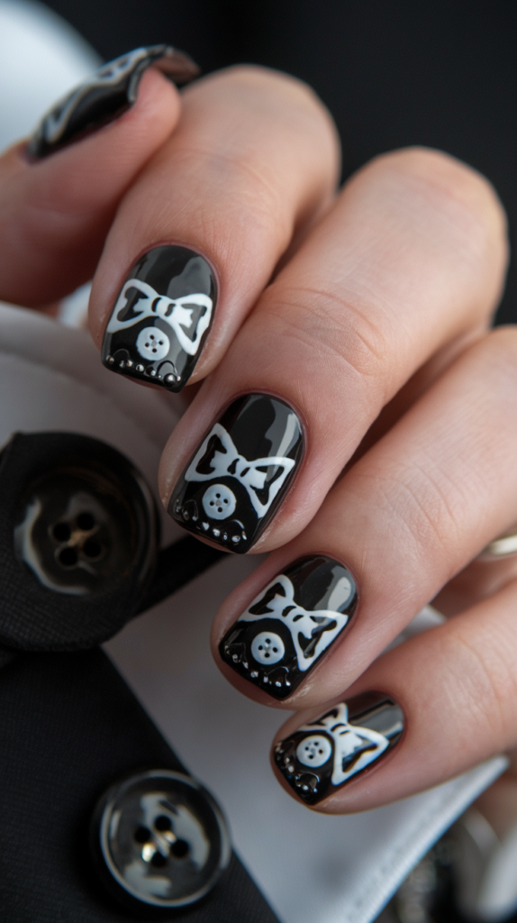 Black and white tuxedo-themed nails with bow ties and buttons for a formal look.
