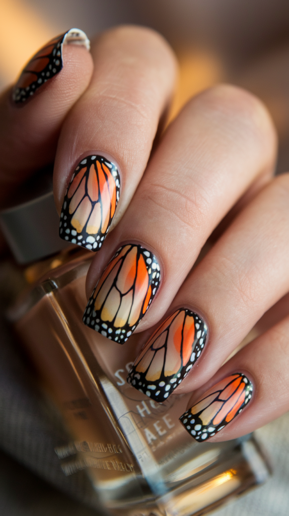 Pastel-colored nails with delicate black butterfly silhouettes for a minimalist and elegant design