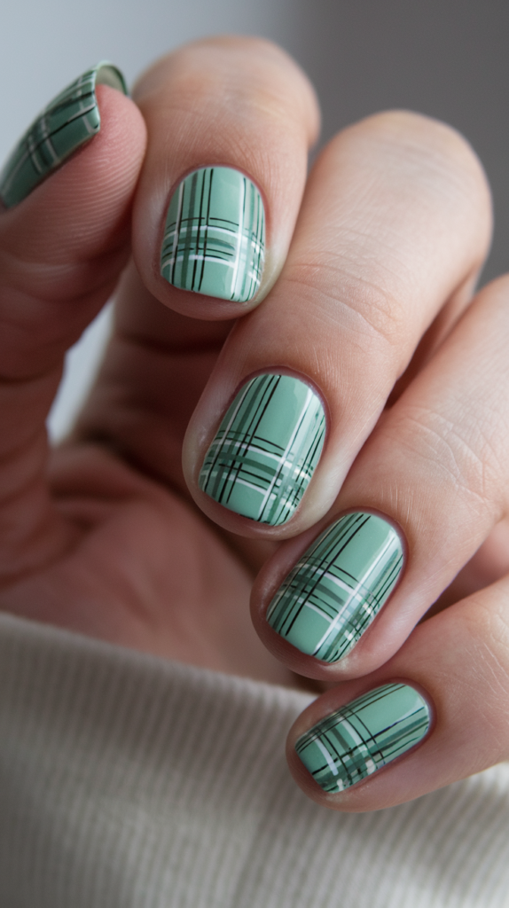 Light green nails featuring a gingham plaid pattern with darker green stripes