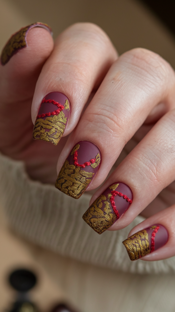 Nails with floral embroidery patterns in soft, fabric-like textures and pastel hues.

