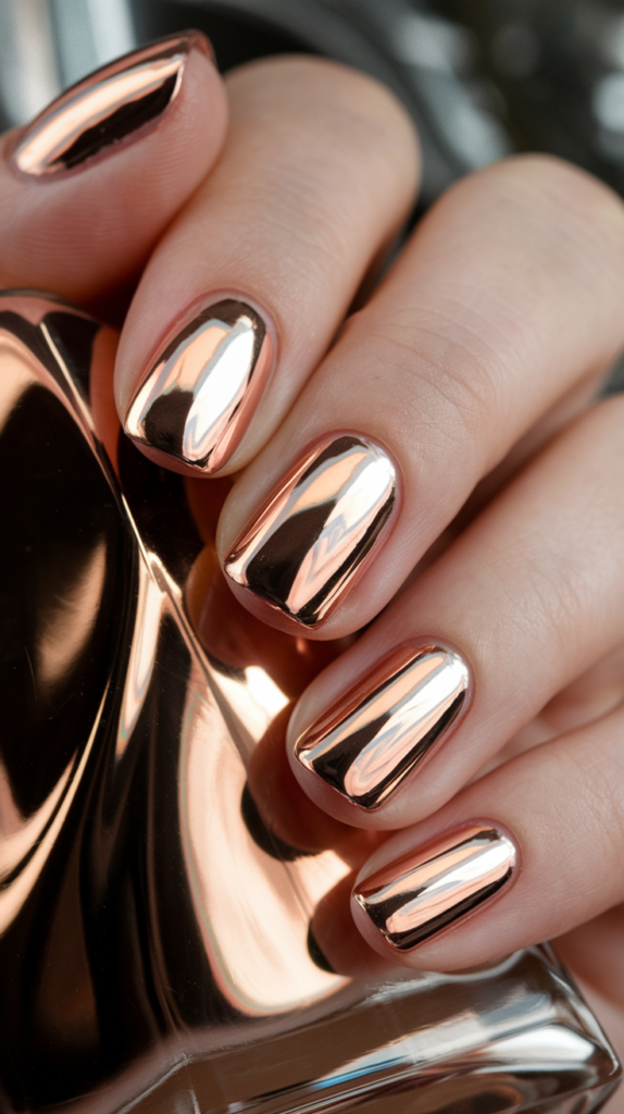 Shiny rose gold chrome nails with a smooth, glossy finish reflecting soft pink hues.