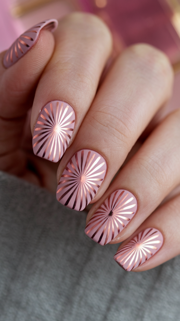 Matte blush nails with delicate rose gold fan designs, providing a soft and feminine take on Art Deco nail art.
