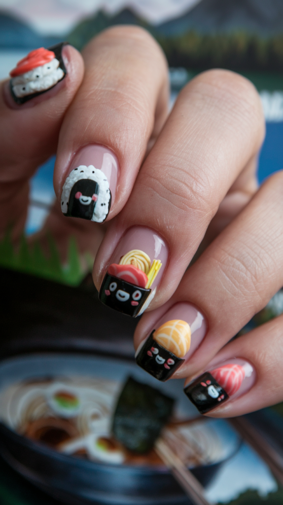 Kawaii Food Designs: Nails featuring ramen bowls, onigiri, and mochi desserts with playful, smiling faces.
