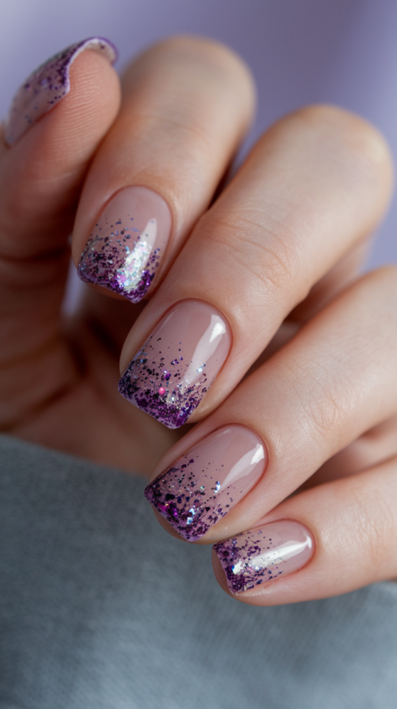 Purple Glitter Tips – Nails with nude bases and sparkling purple glitter tips, creating a playful twist on the classic French manicure