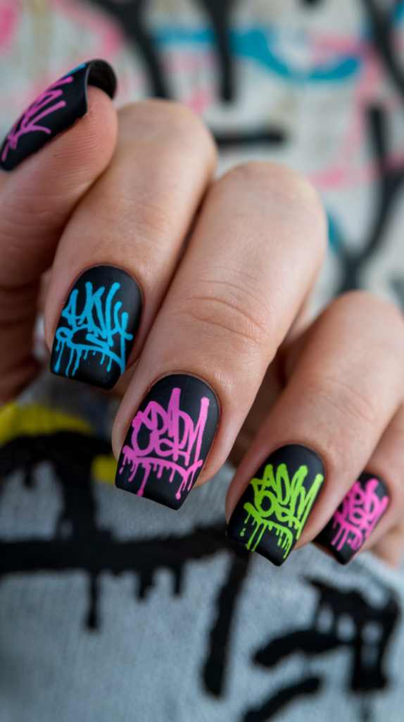 Close-up of nails featuring vibrant graffiti tags in neon pink, green, and blue, mimicking spray-paint effects on a matte black background