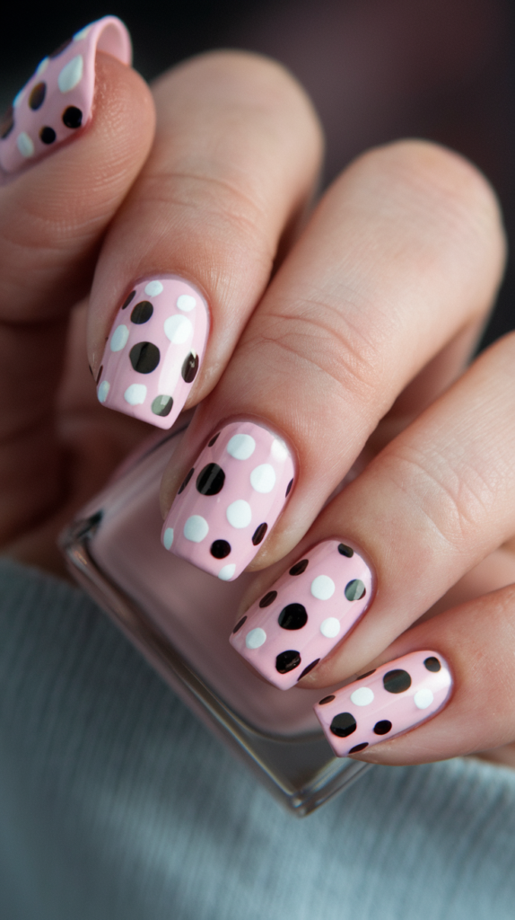 Close-up of nails with pastel pink base and black polka dots in a retro pattern.

