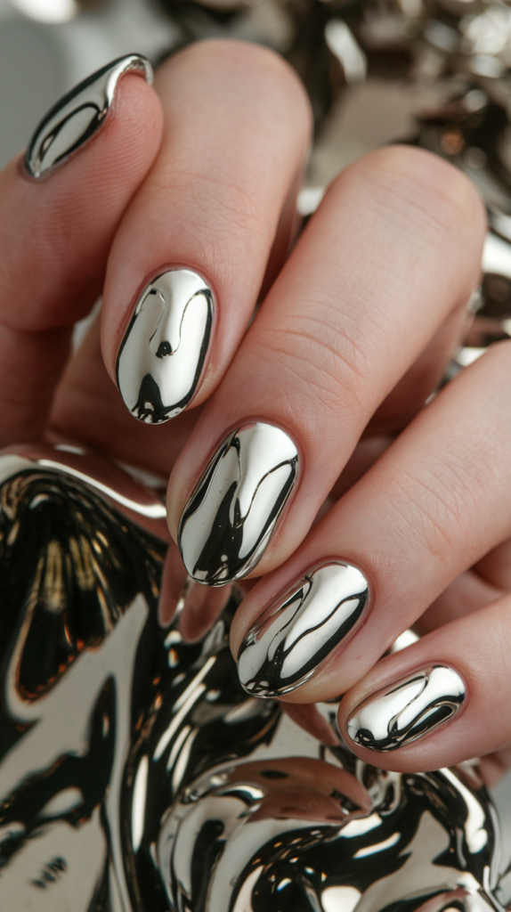 Nails with a dripping chrome effect over a glossy black base, mimicking liquid metal