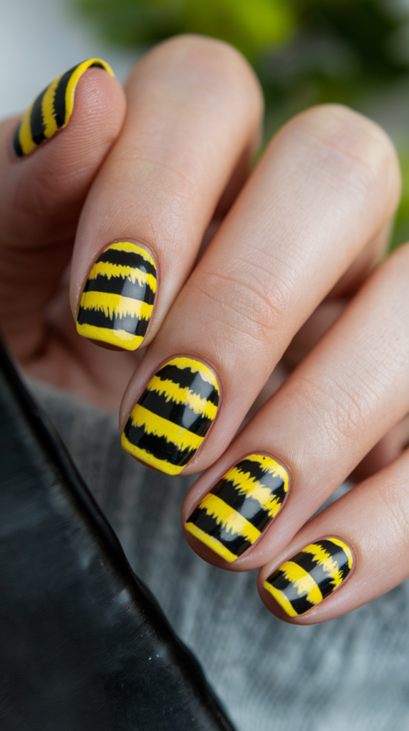 Bold black and yellow bumblebee stripe nails with sharp, clean lines on a glossy surface