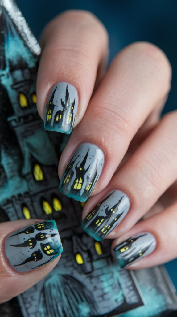 Spooky castles outlined in misty gray over black polish.