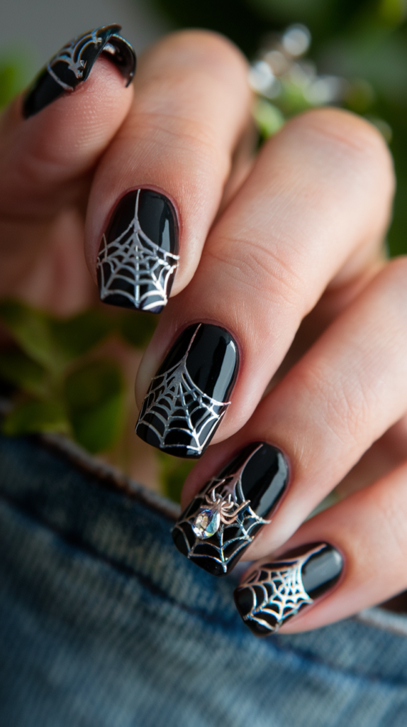 Black nails featuring delicate silver spider webs and a tiny rhinestone spider